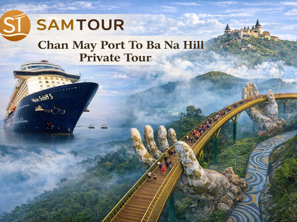 Golden Bridge held by giant stone hands at Ba Na Hills Da Nang Vietnam