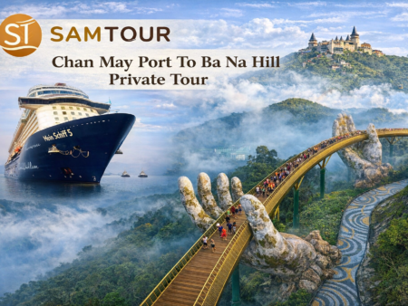 Golden Bridge held by giant stone hands at Ba Na Hills Da Nang Vietnam